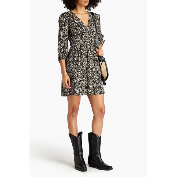 BA&SH Lia printed pleated crepe mini dress sz 8 3/4 sleeve beachy festival boho - Picture 2 of 12